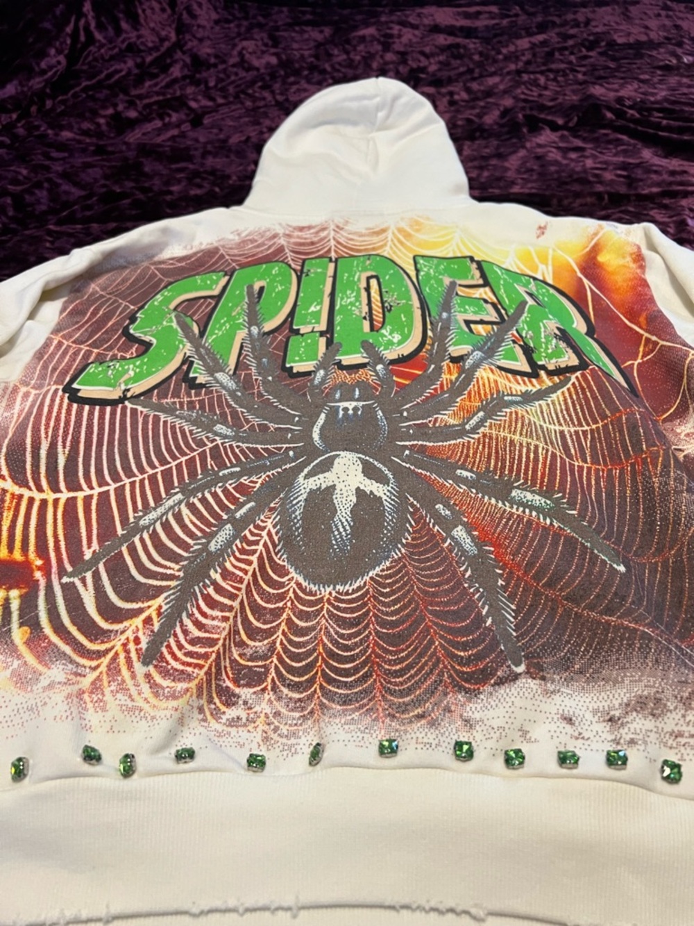 Stray Spider Graphic Rhinestone Cream Pullover Hoodie Men Size S